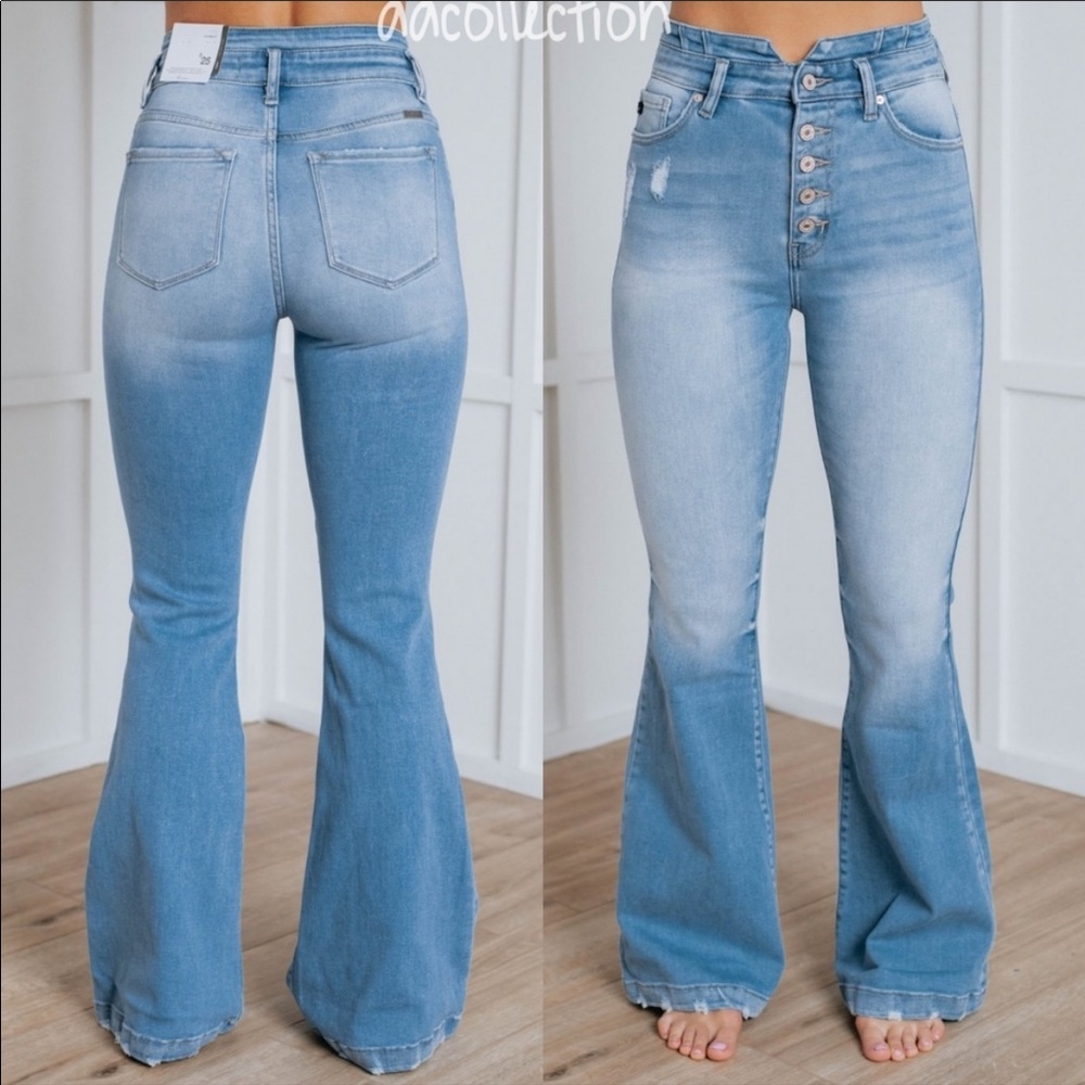 NWT High Rise Waist Flare Wide Leg Light Wash Jeans Denim Bell Bottom Pants - Picture 2 of 5